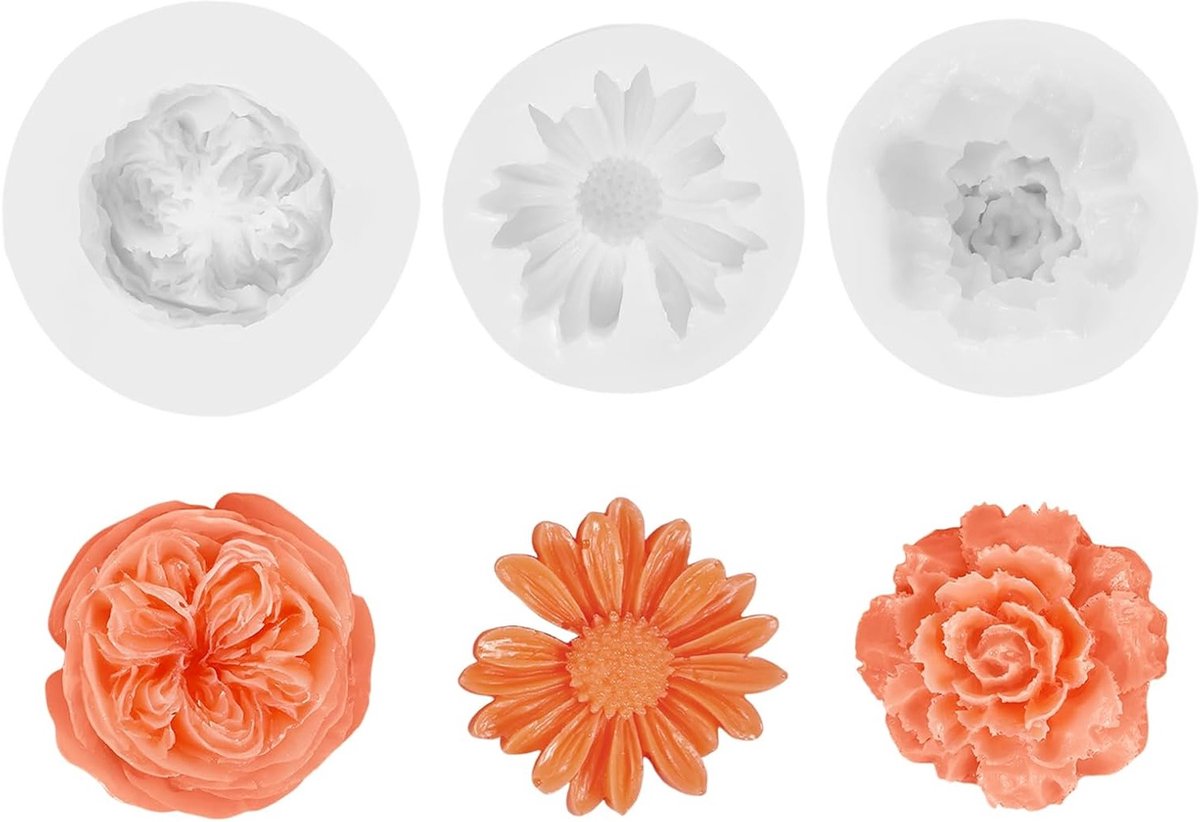 Set van 3 Silicoon Gietvormen voor Kaarsen - Rozen, Anjers en Pioenrozen - 3D Gietvormen voor Bloemen en Kaarsen