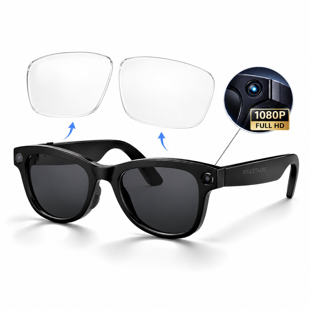 Seltrix™ Camera bril – Sony 1080P lens - Verwisselbare glazen - Slimme bril met camera – AI bril - Met Nederlandstalige app, vertaalfunctie, muziek – Lichtgewicht 37 gram