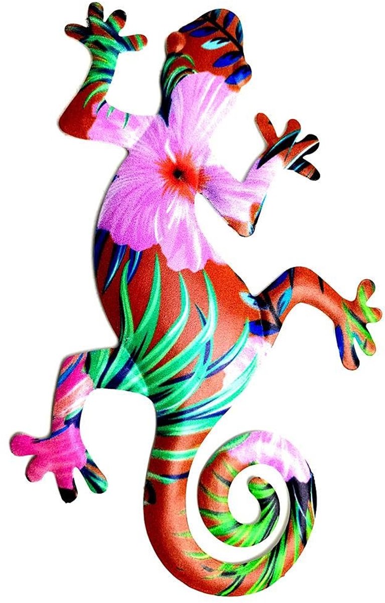 Dailygoods - Dailygoody - Metal Gecko Wanddecoratie - Kleurrijke Hagedis Art - Duurzaam en Handbeschilderd - Voor Binnen en Buiten - Tuin Decoratie - 22x13 cm - Ge...