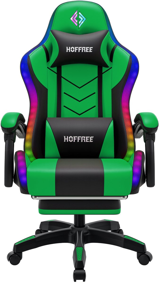 Hoffree RGB LED Gamingstoel met Bluetooth Speaker – Ergonomische Bureaustoel met Massagefunctie, Voetsteun & 180° Verstelbare Rugleuning – Comfortabele Computerstoel voor Gamers & Thuiswerkers – Groen