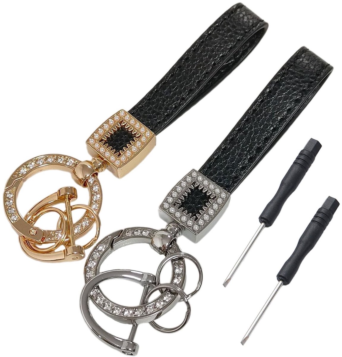 Dailygoods - Dailygoody - Lederen autosleutelhanger - Sleutelhangerhouder - Bling design - Zwart - Anti-verloren D-ring - Universeel geschikt voor autosleutels - 2...