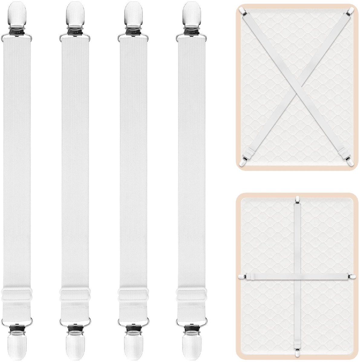 Dailygoods - Dailygoody - Lakenclips - Verstelbare lakenriemen - Houdt lakens op hun plaats - Wit - Bedhouder - Ideaal voor beddengoed en bankkussens