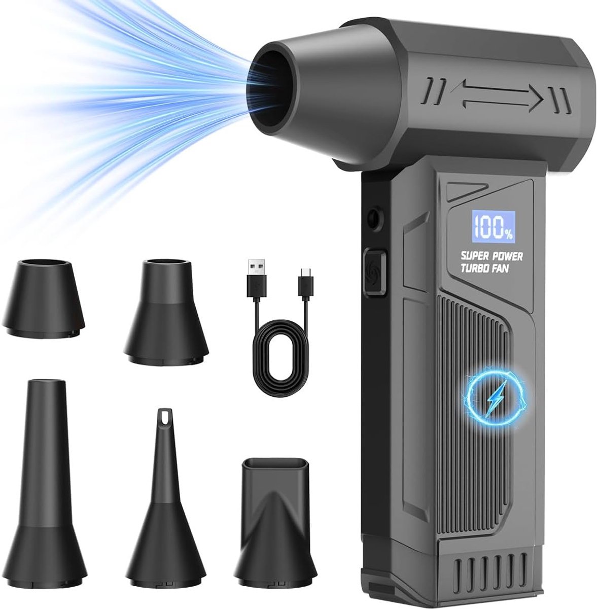 Persluchtstofafzuiger voor computers/auto's/computers, 150.000 toeren per minuut, met ledverlichting en display, 4 instelbare ventilatorsnelheden, uitgerust met 5 mondstukken, oplaadbare elektrische stofafzuigventilator en reinigingsset.