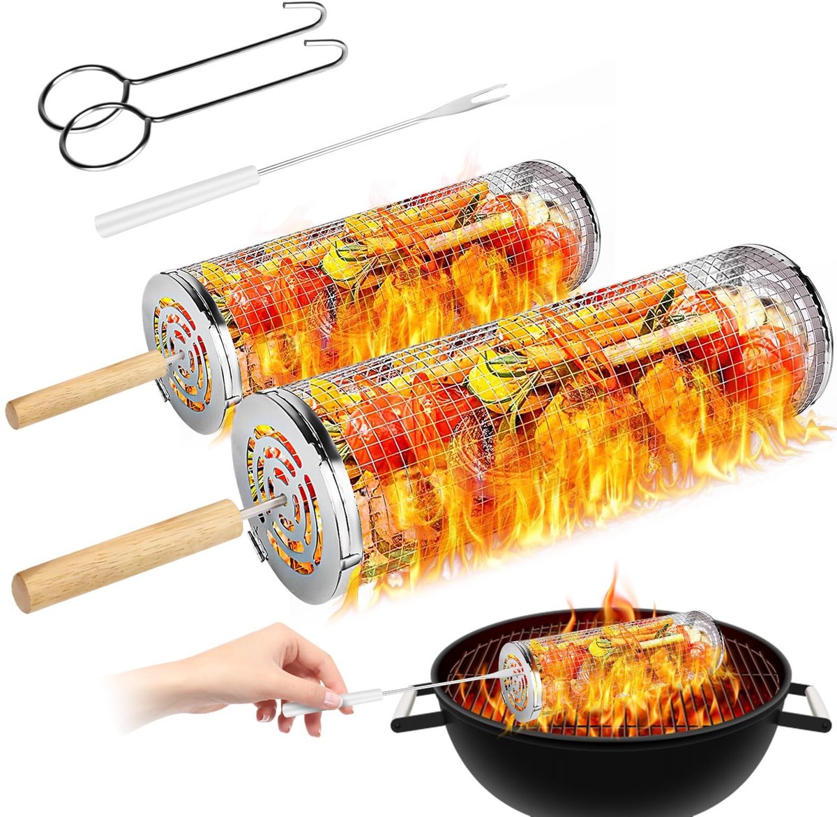 Dailygoods - Dailygoody - Grillmanden - Draagbare barbecue-mand - Roestvrij staal - Voor groenten en vis - Handig voor buiten - Set van 2