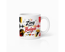 Vrolijke 'Zing voor België' Mok – Leuke Koffiemok met Leeuw en Friet voor Belgen en Supporters