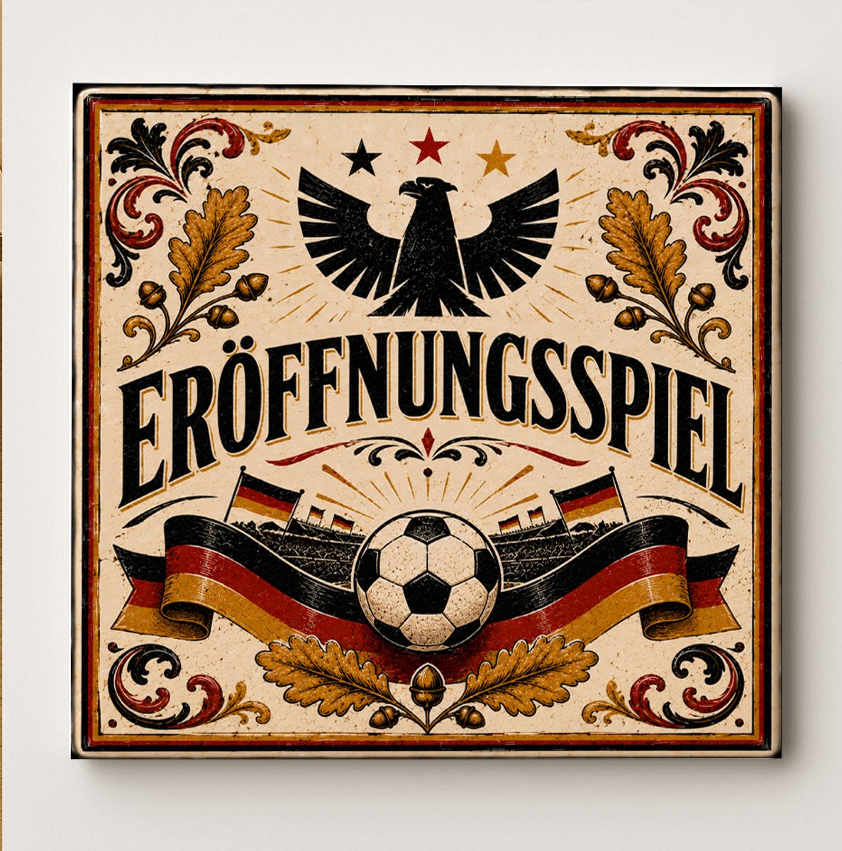 Bedruk King Duitsland Voetbal Decoratieve Keramische Tegel – Openingswedstrijd Adelaar Design – Zwart Rood Goud Voetbal Wanddecoratie Tegel – Vaderlands Woondecoratie Cadeau Wit