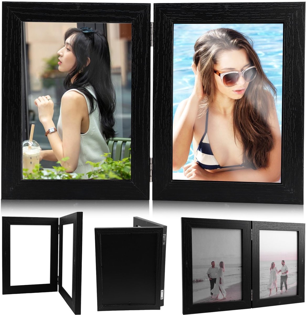 Dailygoods - Dailygoody - Houten Fotolijst - Dubbele Portretlijst - Opvouwbaar - Zwart - Wandlijst - Collage Fotolijst - Geschikt voor Bureau - 13 x 18 cm