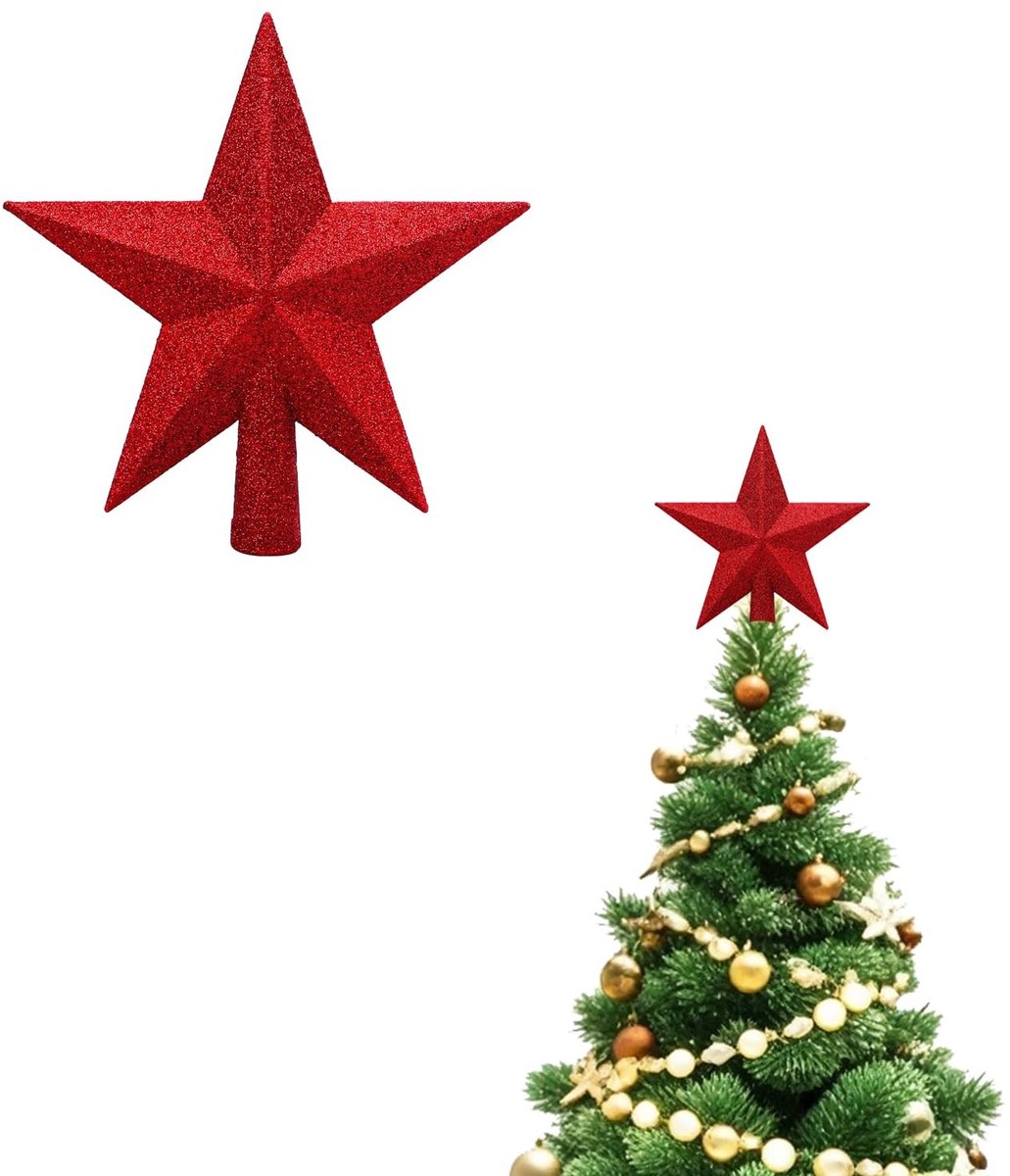 Dailygoods - Dailygoody - Kerstboom ster - Glanzende kerstboom topper - Rood - Ornament voor kerstdecoratie - 10 cm - Geschikt voor dennenboompiek - Kerstster