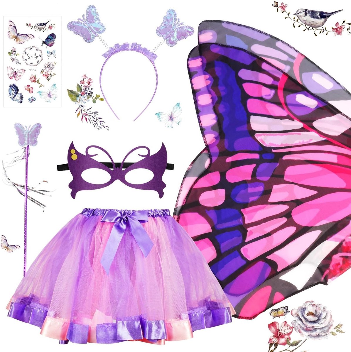 6-delige Kostuumset met Vlindervleugels voor Kinderen, Schitterend Tutu en Prinsessenoutfit voor Halloween en Feestjes