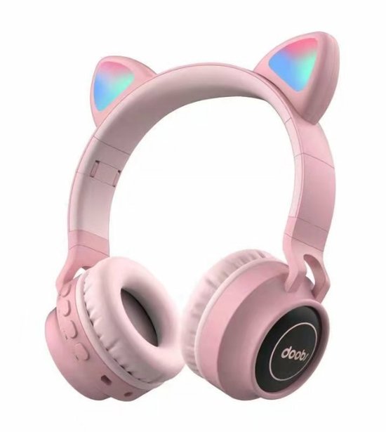 Roze draadloze koptelefoon met kattenoortjes die oplichten, met 'doobi' logo op oorschelp.