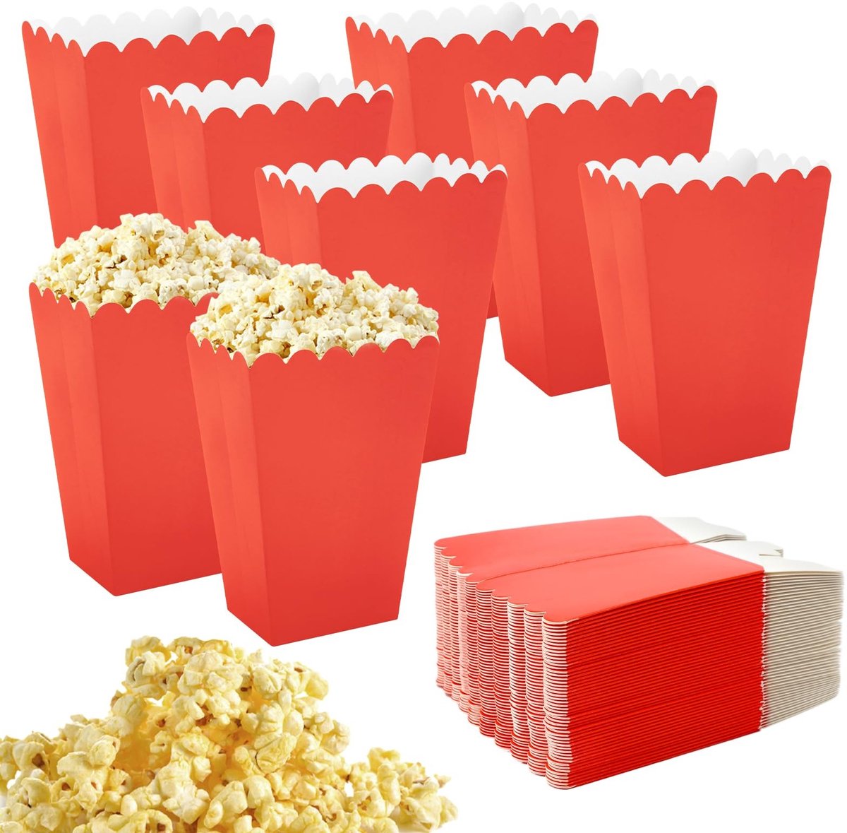Dailygoods - Dailygoody - Popcorn-dozen - kleine witte popcorncontainers - perfect voor snacks - rood - popcornzakken - ideaal voor bioscopen - 50 stuks