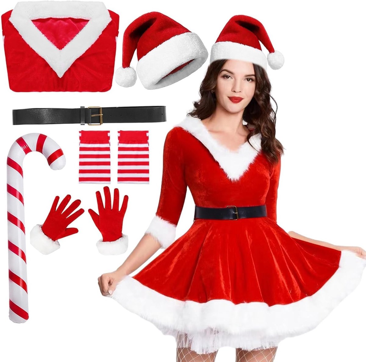 Kerstkostuum voor Dames van Fluweel met Ceintuur, Hoed, Handschoenen en Sokken voor Feestelijke Cosplay