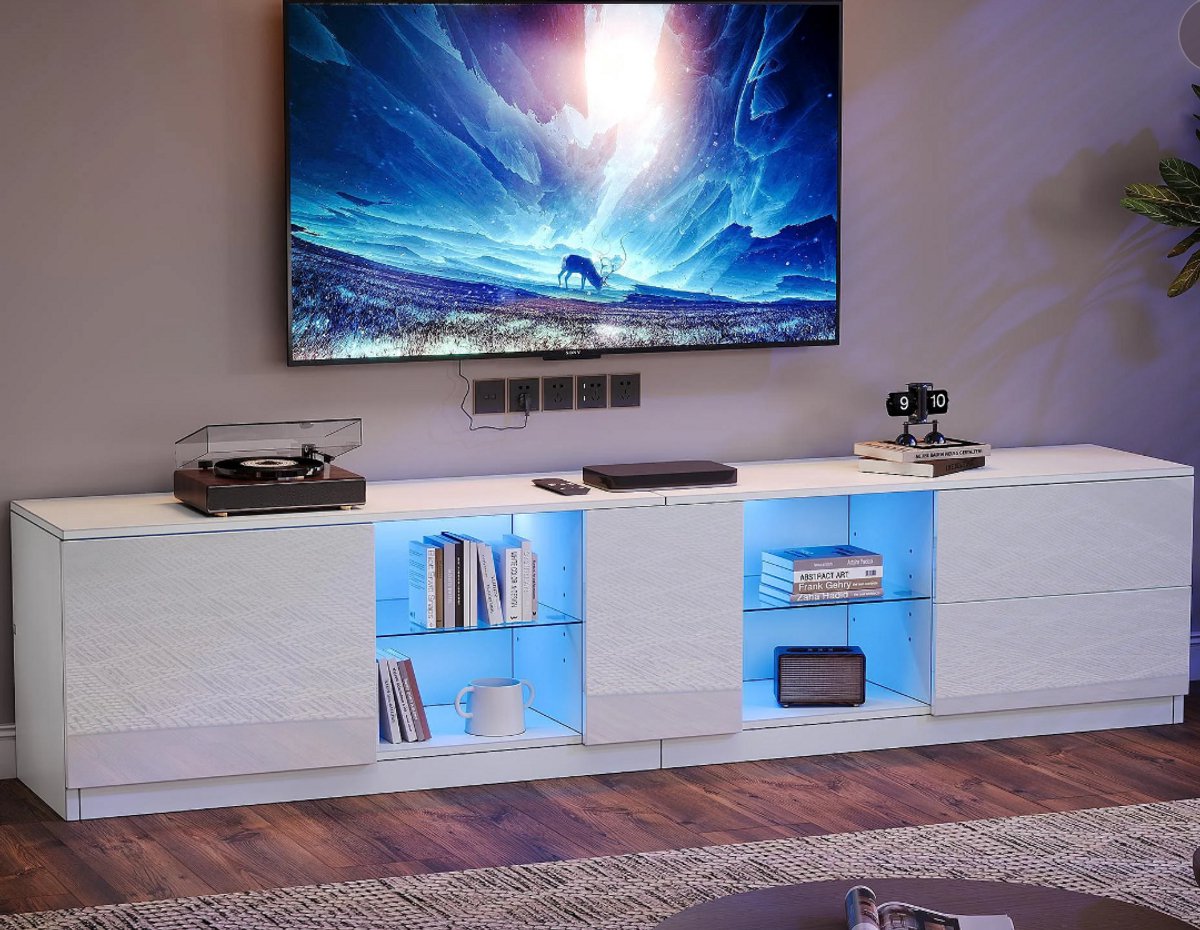 TV-meubel 160 cm Wit met LED Verlichting, Gehard Glas en Opberglades - Modern TV Kast Design voor 65 Inch TV - Furnitureland