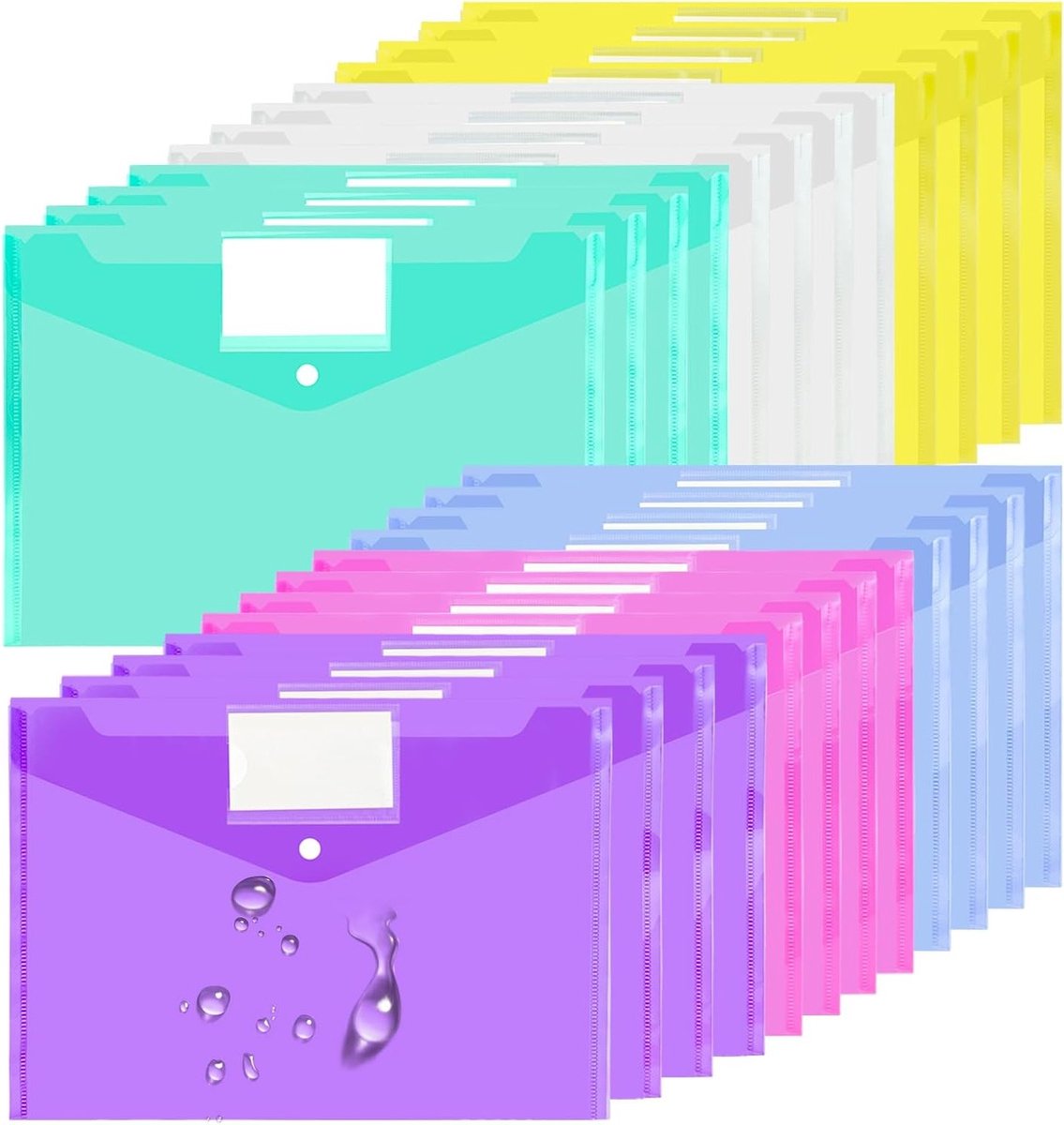 12 Stuks Plastic Enveloppen - Doorzichtige Documentmappen met Drukknop en Labelvak voor A4 Papieropslag, Ideaal voor Kantoor en School, Verkrijgbaar in 6 Kleuren