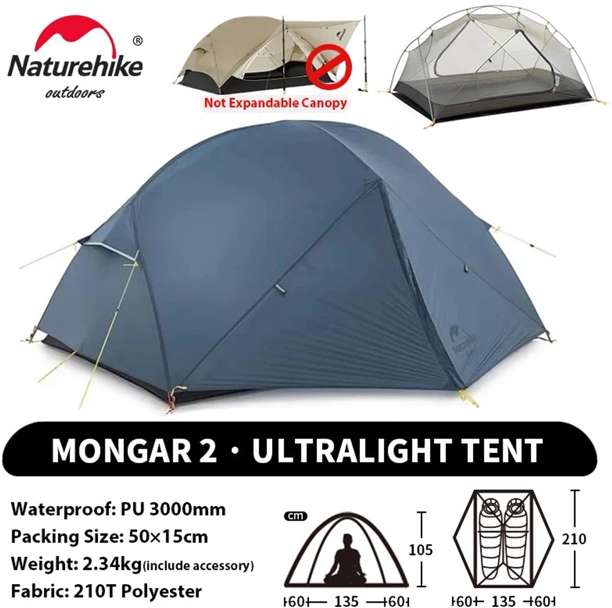 Brandistry - Ultralichtgewicht tent - Tent - Trekking Tent - Kampeertent - Tweepersoons - 3 seizoenen - Waterdicht - Blauw