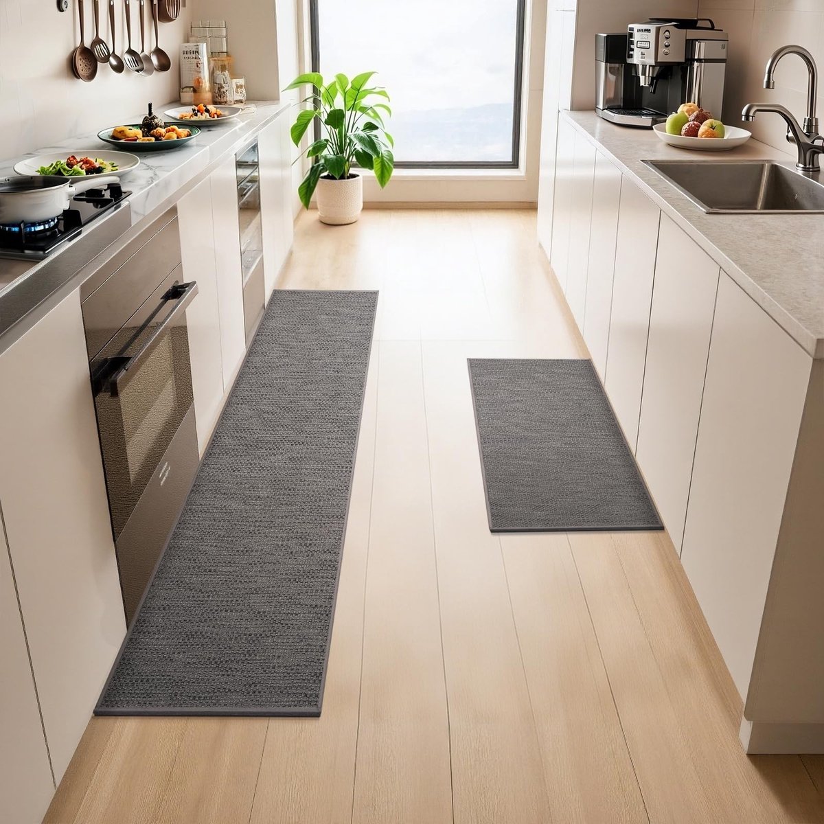 Dailygoody - OmGoods - Dailygoody - Keukenmat - Antislip - Comfortabel en absorberend - Grijs - Wasbaar - Set van 2 - Geschikt voor keuken en woonkamer