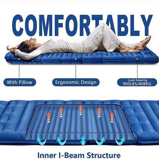 Campingmat, isolatiemat met voetperspomp, upgrade campingmat, verdikte slaapmat, outdoor, met kussen, voor wandelen, tent, outdoor, strand, wandelen, reizen, marineblauw — afbeelding 4