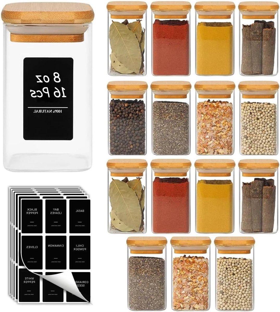 Set van 16 Glazen Specerijpotjes met Labels - 8 oz Vierkante Potjes voor Zout, Peper en Suiker, Ideaal voor Keukenorganisatie en Kruidenset
