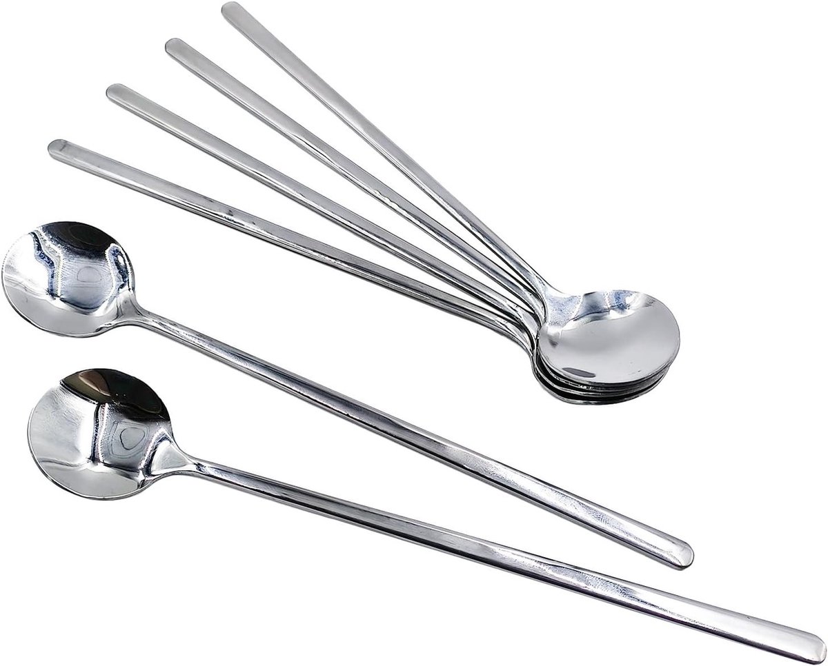 6-delige lange roestvrijstalen lepelset voor desserts, koffie en ijs - 17 cm, ideaal voor cocktails en dranken