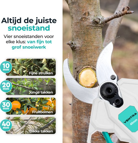 VENTRA® Elektrische Snoeischaar - 40mm- Accu Snoeischaar - Telescopische Verlengsteel 2.5M - 3000mAh Accu - LCD Scherm - Brushless - Reservemessen — afbeelding 3