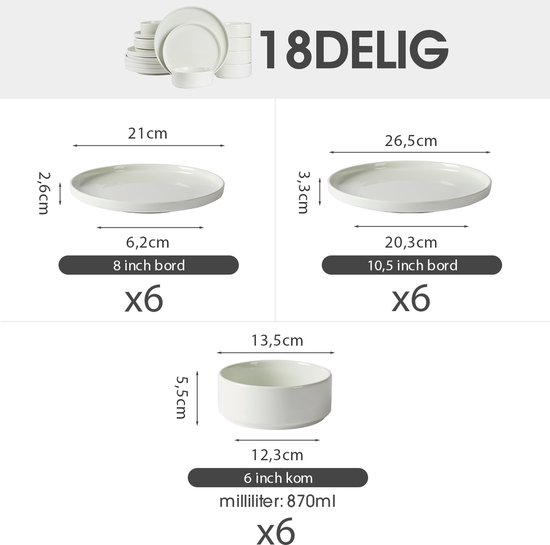 Set van 18 witte borden en kommen, 6 grote borden (26,5 cm), 6 kleine borden (21 cm), 6 kommen (13,5 cm, 870ml).