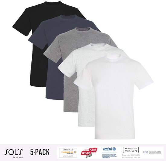 Lot de 5 T-Shirts Homme Sol's 100% Coton Bio Col Rond Zwart, Grijs Foncé, Grijs / Gris Clair Chiné, Blanc Taille 4XL