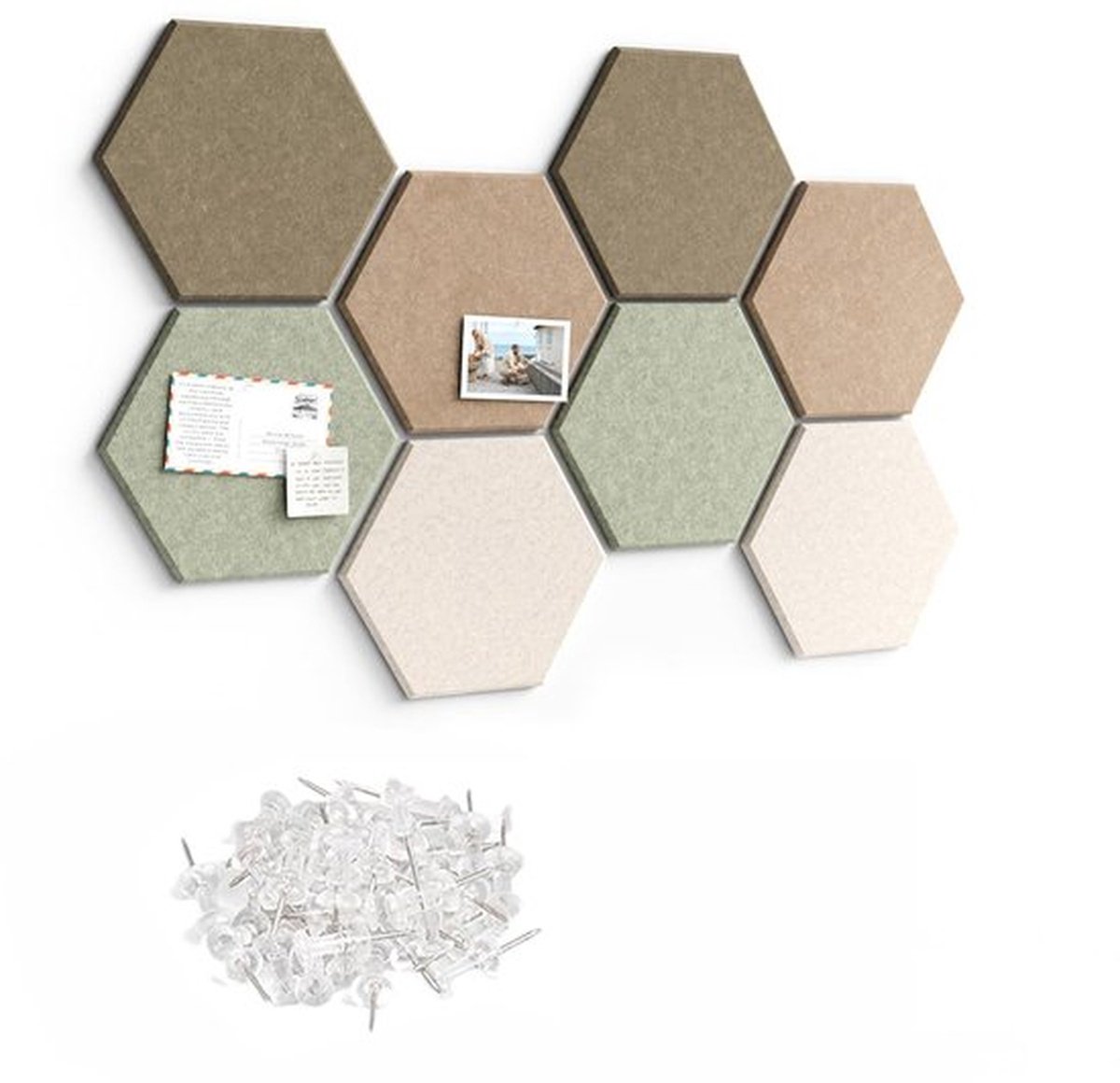 8 stuks zeshoekige vilten prikbordtegels - Groot, dik prikbord voor aan de muur - met 30 punaises - Doe-het-zelf kurkbord voor kantoor, thuis en schooldecoratie
