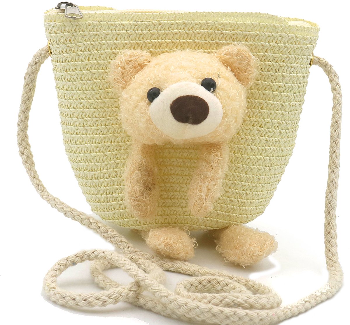 Ultiluxe® Crossbody tas met Beertje - Schoudertas voor kinderen - Woven tas voor meisjes - 12.5 x 14.5 x 5.5 cm - Tas - Beer - Beige