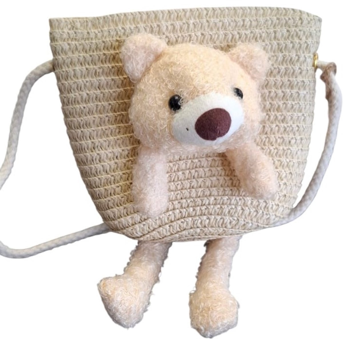 Ultiluxe® Crossbody tas met Beertje - Schoudertas voor kinderen - Woven tas voor meisjes - 12.5 x 14.5 x 5.5 cm - Tas - Beer - Creme