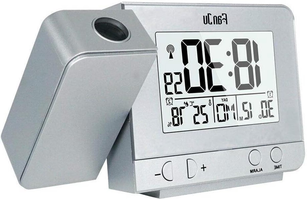Car Projection Clock, Riloer LCD Display Digital Display Angle Adjustable Multilingual Multifunction Projection Electronic Clock/Indoor and Outdoor Thermometer/Hygrometer, Silver
