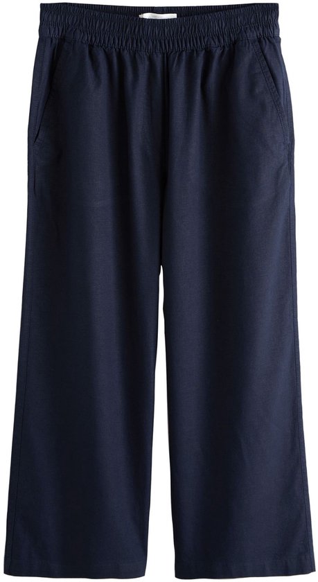 Donkerblauwe wijde broek met elastische tailleband en steekzakken.