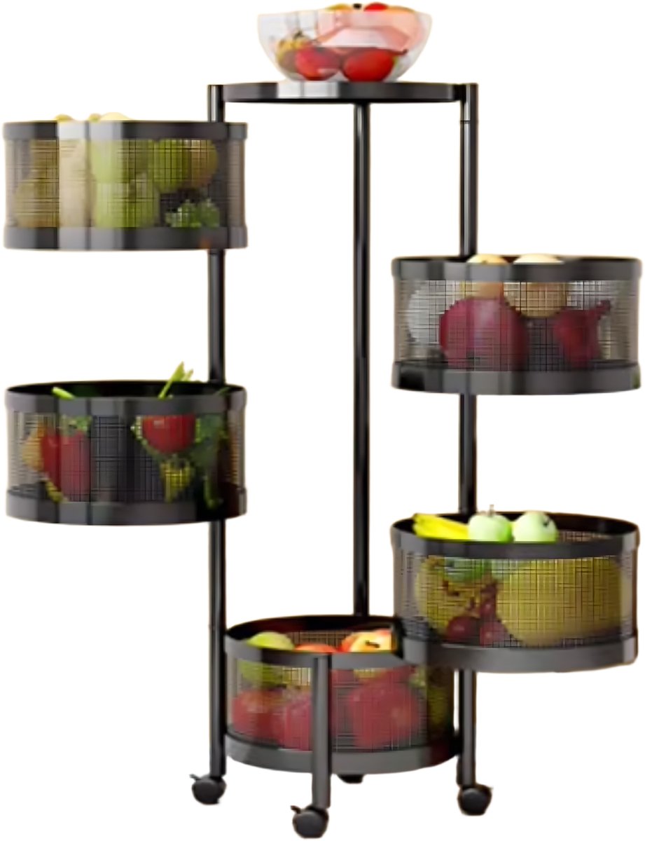 Roterend Opbergrek 5-Laags - Zwart - Keuken Organizer met Verwijderbare Manden - Fruit & Groente Opslag