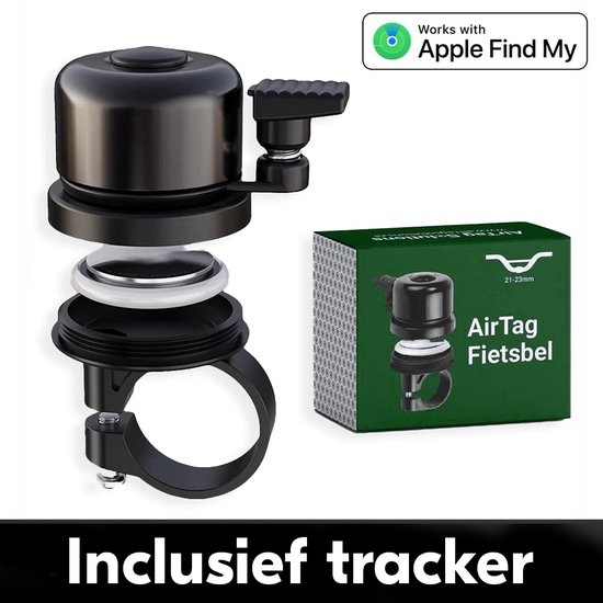 Zwarte fietsbel met anti-diefstal tracker, de verpakking "AirTag Fietsbel" en "Inclusief tracker". Werkt met Apple Find My.