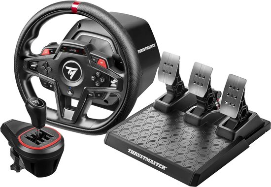 Thrustmaster T248 racestuur met shifter en drievoudige pedalen.