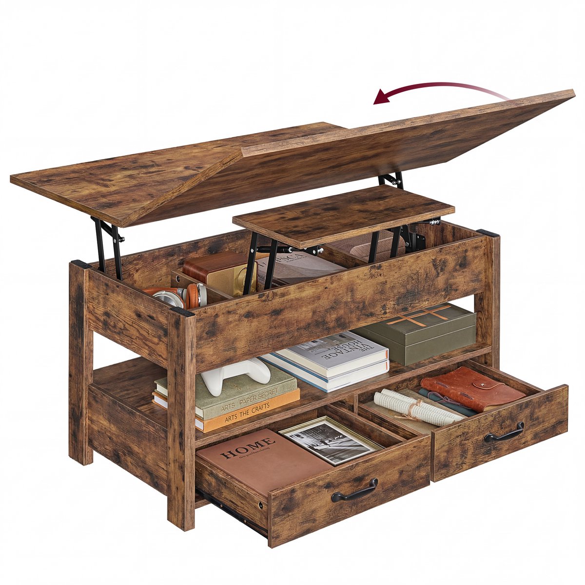 VASAGLE - Salontafel - Salontafel met Opklapbaar Tafelblad - 2 Lades - 3 Opbergvakken - Gasveer - voor Woonkamer of Kantoor