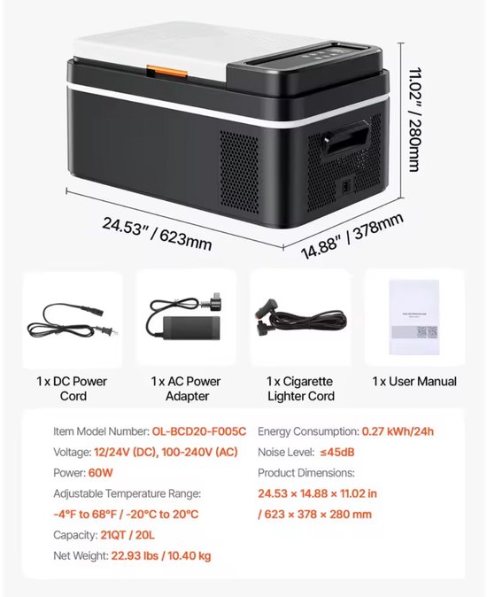 20L Draagbare Auto-Vrieskist, Mini Koelkast, 45W, 12V AC/DC, Voor Thuis en Buiten — afbeelding 2
