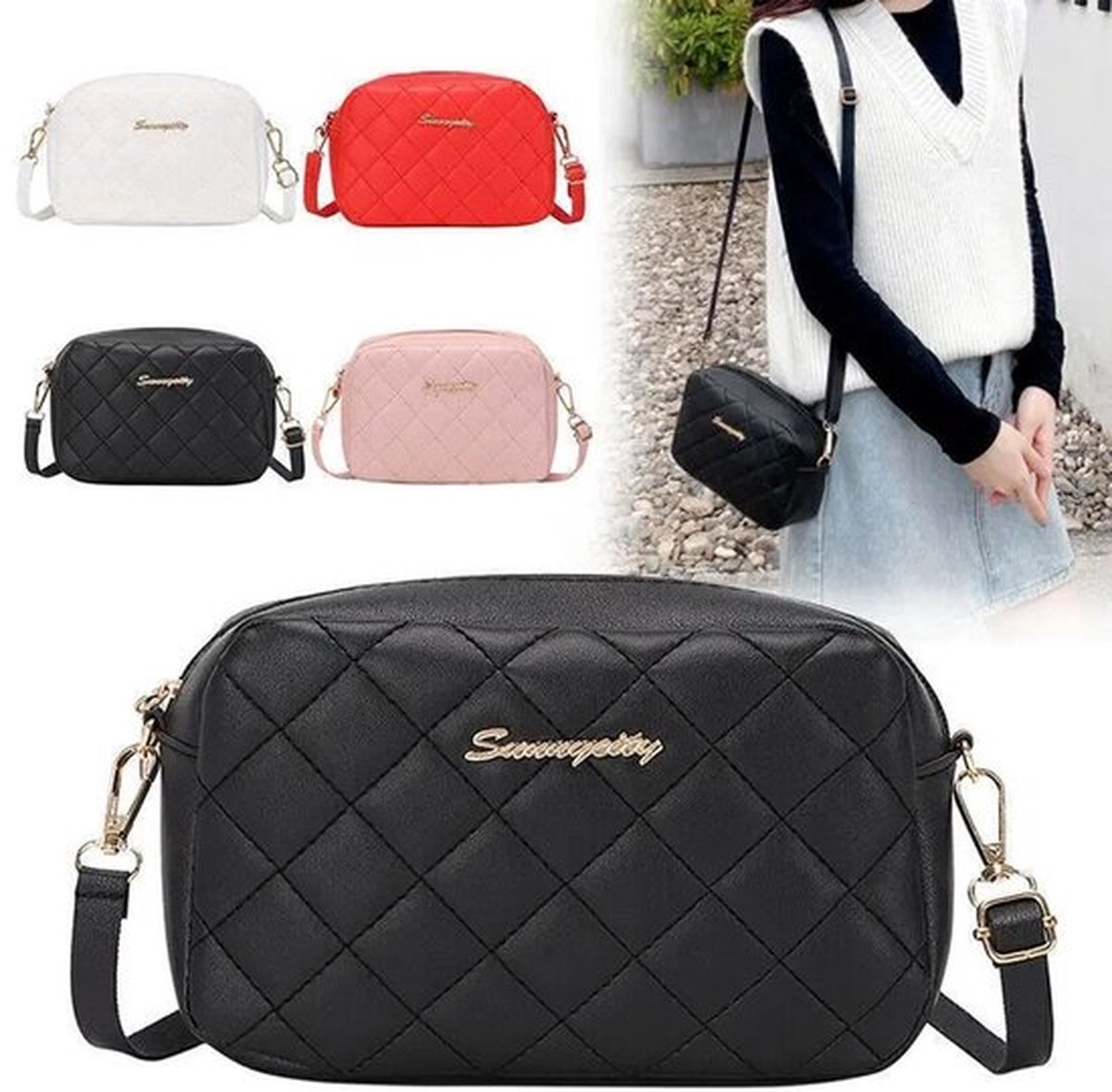 Stijlvolle dameshandtassen, geborduurde schoudertassen voor dames, effen kleur, rasterpatroon, messenger bag voor dames - zwart