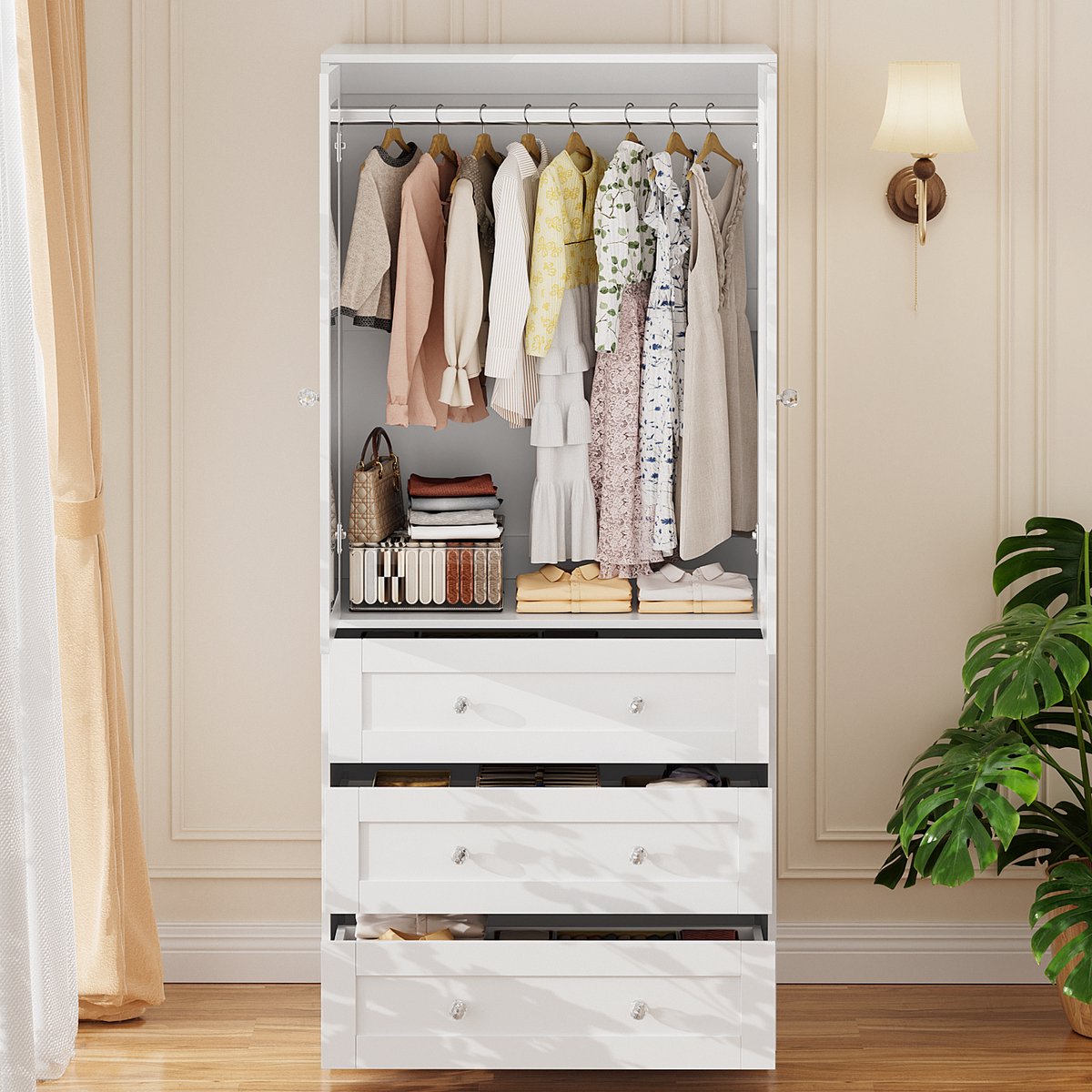 VOWNER Garderobekast met Spiegel - Kledingkast met 2 Deuren en 3 Lades - 80x48x180 cm - Wit - Slaapkamer Kast met Hangruimte en Opbergruimte