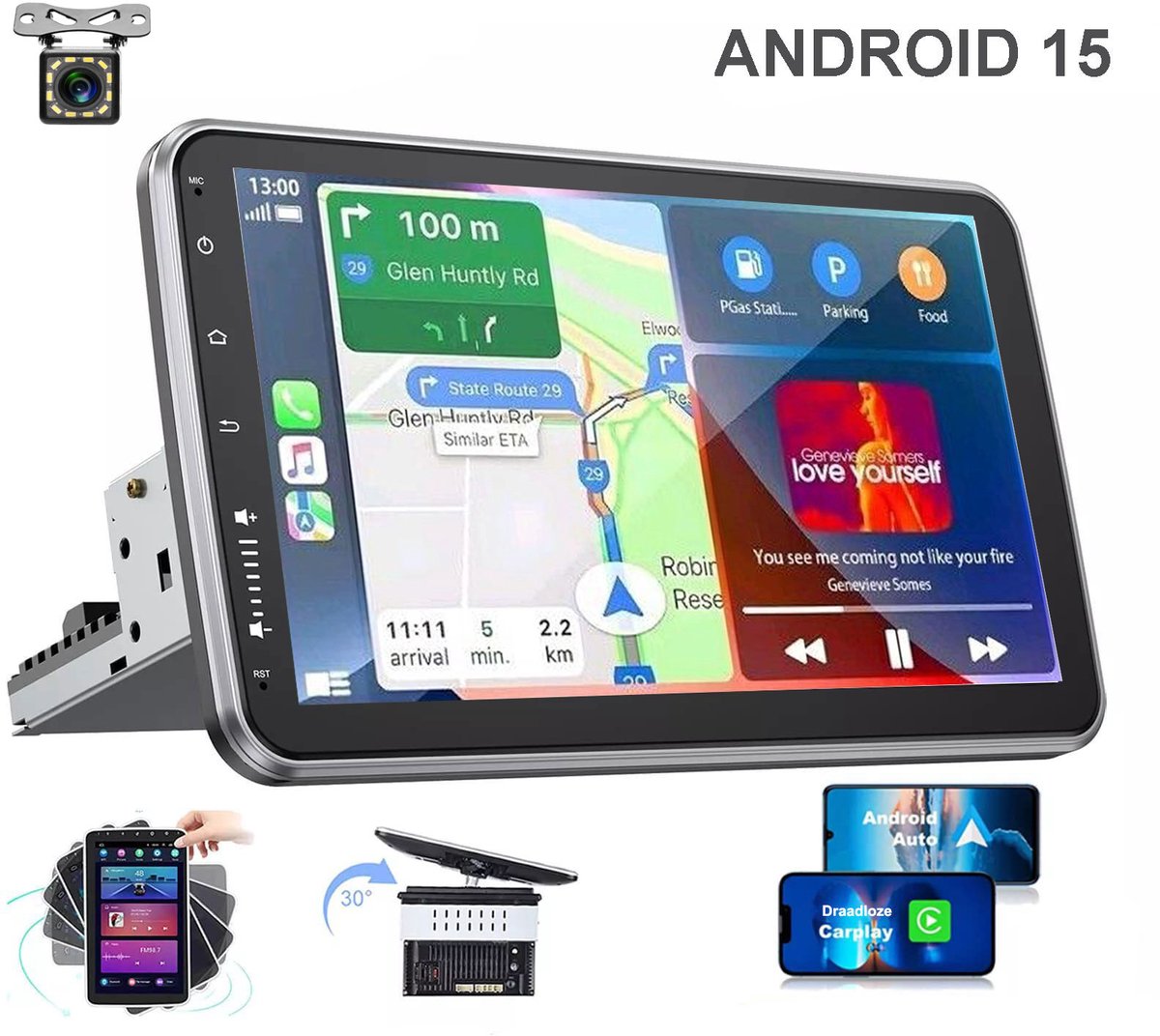 ESSGOO 1DIN Autoradio 360° draaibaar scherm - Android 15 - 4+64G - Draadloos Carplay & Andriod Auto - Bluetooth - GPS-navigatiesystem - 12LED Achteruitrijcamera - Microfoon - Wifi Bluetooth