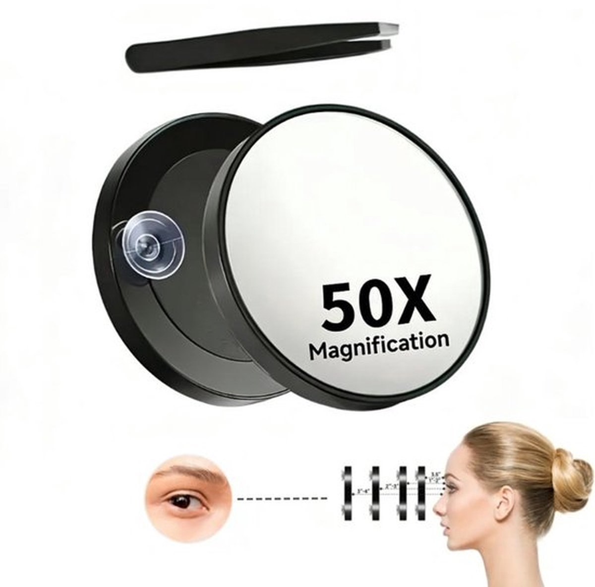 Zwarte 50X Vergrotende Zuignap Make-up Spiegel met Pincet - Draagbare Handmatige Beauty Spiegel voor Verwijderen van Huidonzuiverheden & Make-up