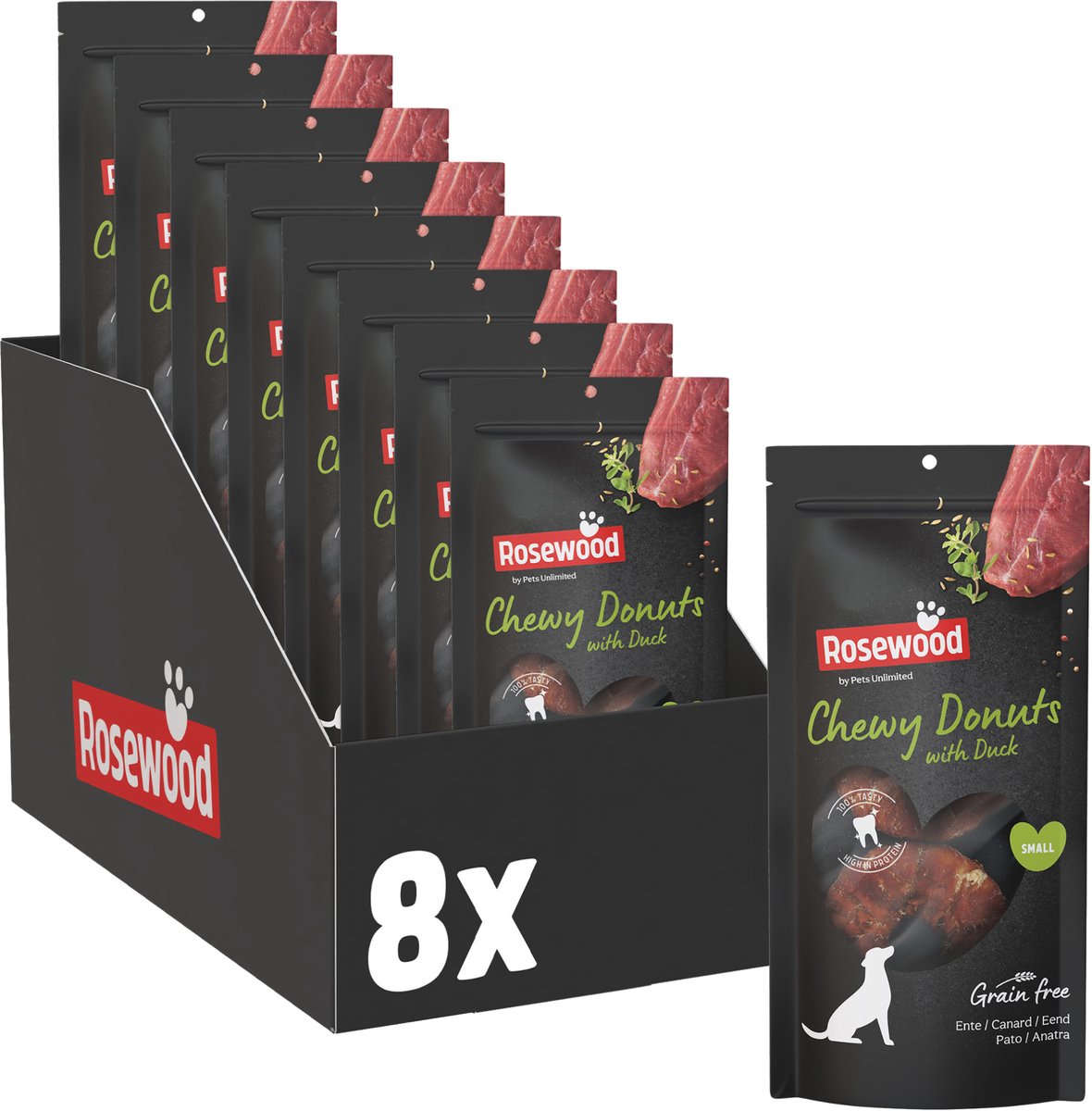 Rosewood Chewy Donut Eend Small – Stevige Kauwsnack voor Honden – Runderhuid met 45% Eend – Ondersteunt het Gebit – 8 x 150 g