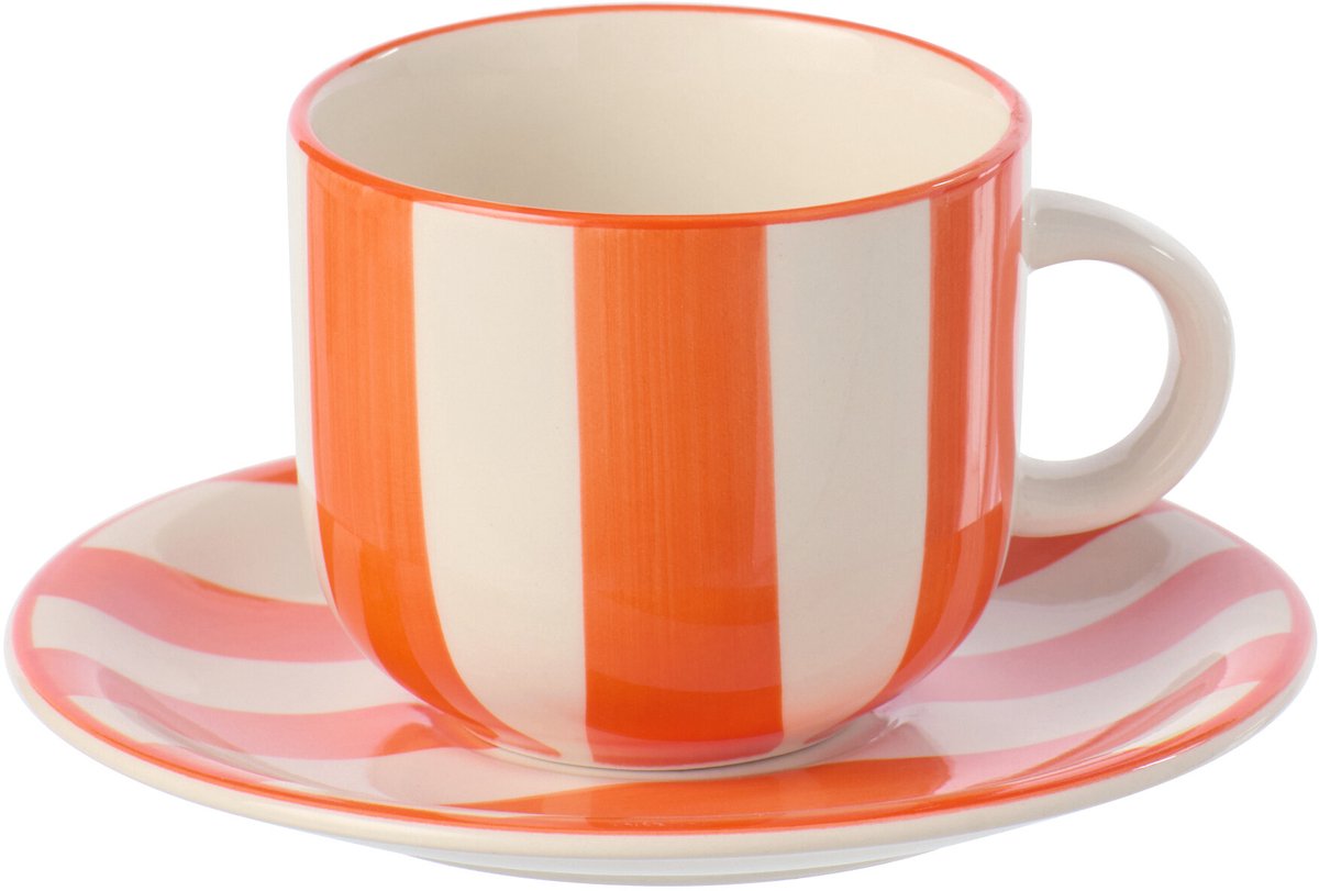 J-Line kopje + schoteltje Gestreept - keramiek - oranje/wit - 6 stuks