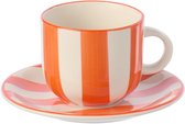J-Line kopje + schoteltje Gestreept - keramiek - oranje/wit - 6 stuks