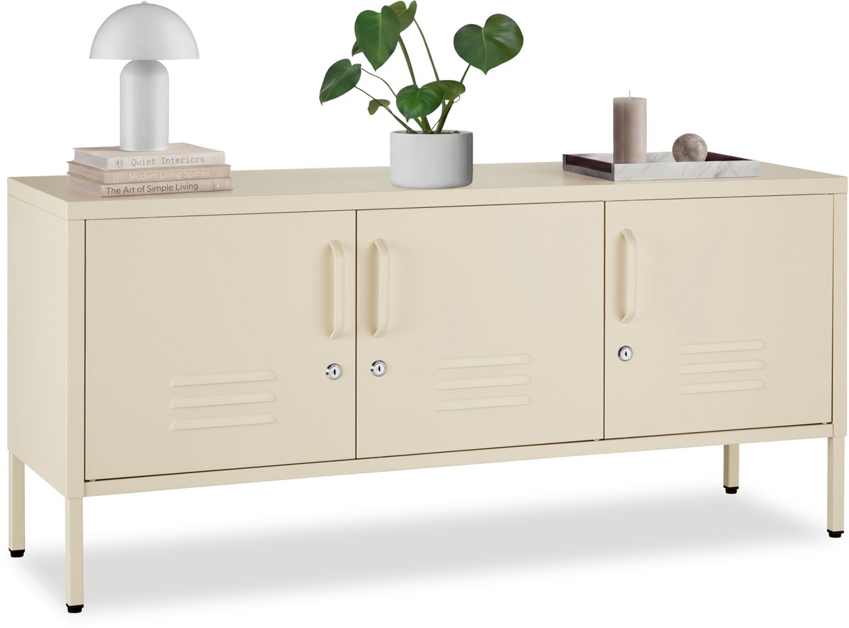 tectake® Stalen Dressoir - TV Meubel - 120 x 37,5 x 55,5 cm - Commode - Verstelbare Planken - 3 Deuren met Magneetsluiting - Lowboard - Metalen Kast - Crème