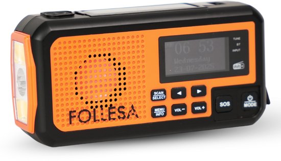 FOLLESA® DAB-373BT Noodradio - Solar Powerbank - 5000mAh - DAB+/FM - Met waterdicht zakje - Noodradio - Opwindbare Survivalradio - Bluetooth & Digitale Wekker - Ideaal voor Noodpakket.