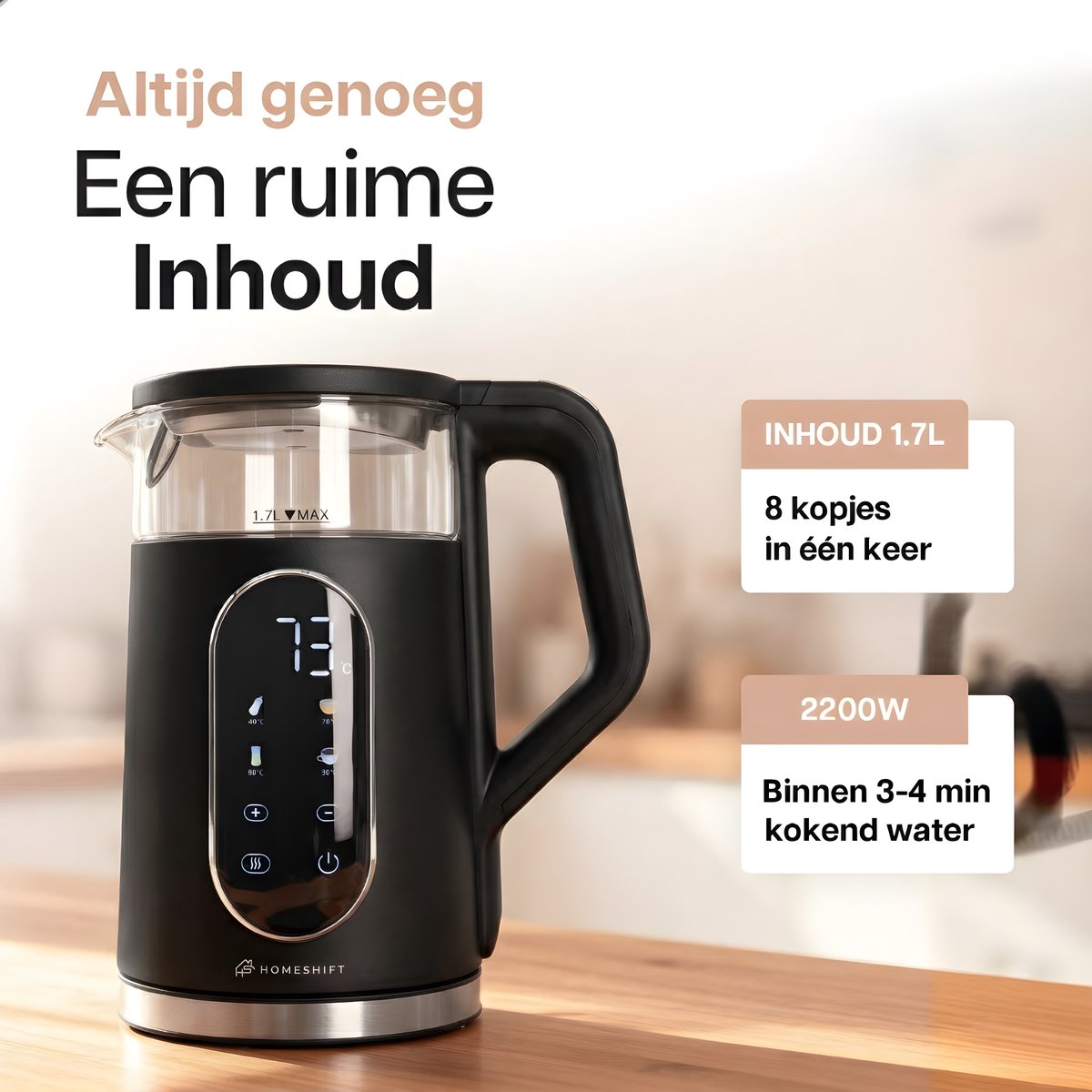 HomeShift® Waterkoker met Temperatuurregeling - Warmhoudfunctie - Dubbelwandig - Elektrisch - 1,7 Liter - 2200W - Zwart — afbeelding 3