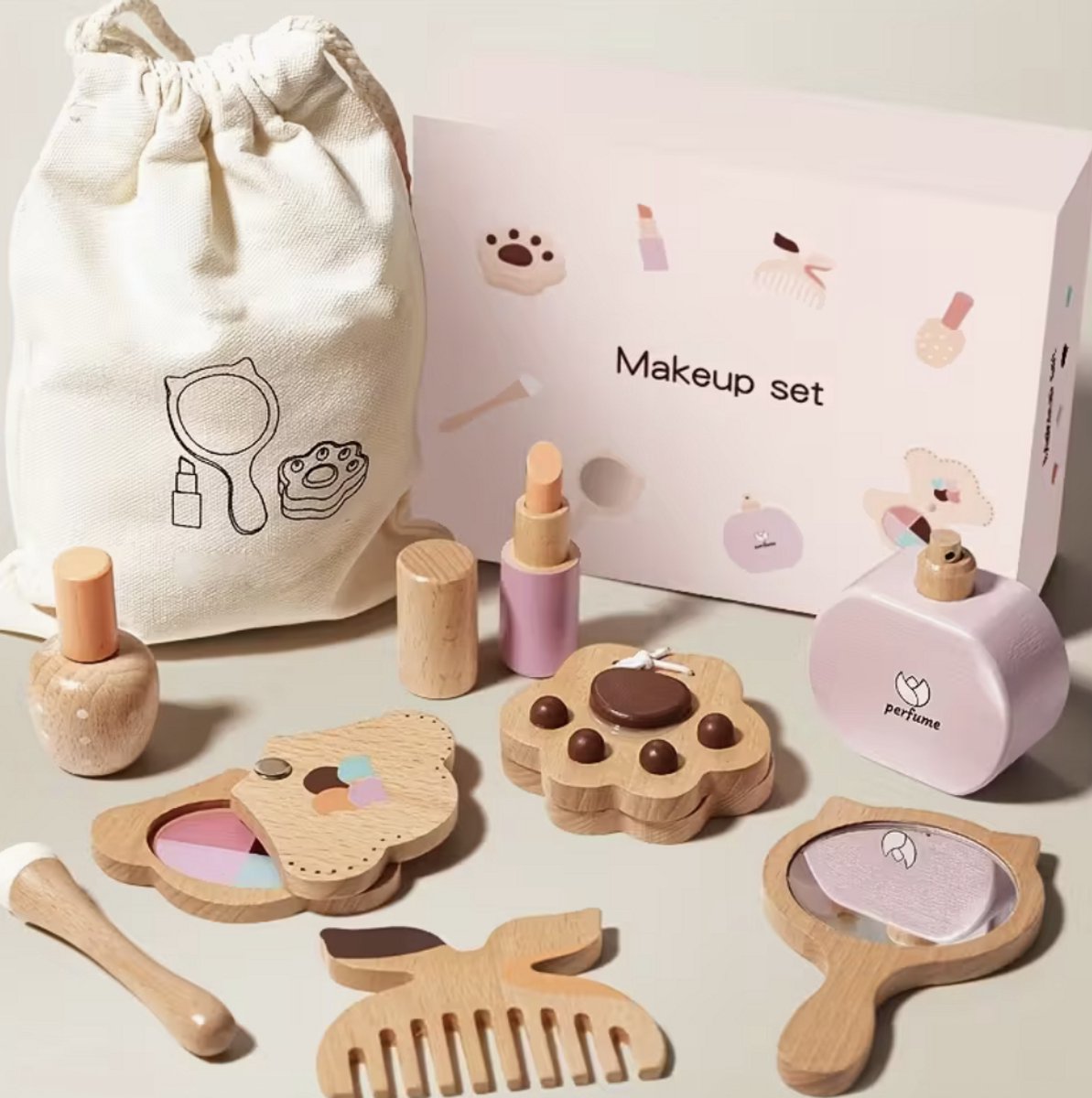 Houten Make-up Speelset – Kinder Make-up Set met Spiegel, Kam & Tas – Doe Alsof Speelgoed – Rollenspel voor Kinderen
