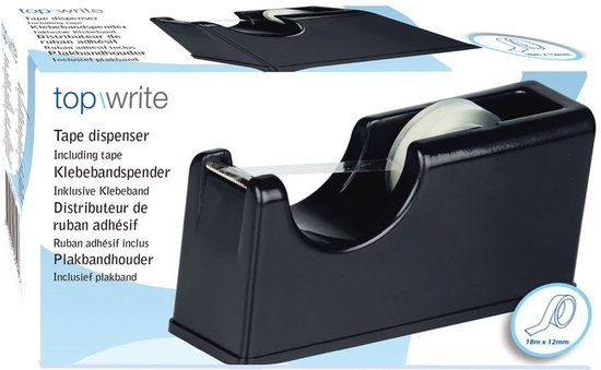 Verpakking van zwarte Top Write plakbandhouder met rol plakband. Tekst: Tape dispenser, Including tape.