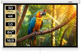 tectake® Beamer Scherm - 84 Inch (214 cm) - 16:9 Projectiescherm - Wand of Plafond Montage - 4K HD - Oprolbaar - Uittrekbaar - Projectiedoek - Presentatiescherm - Home Cinema - Inclusief Montagemateriaal