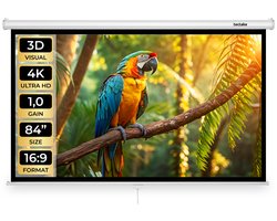 tectake® Beamer Scherm - 84 Inch (214 cm) - 16:9 Projectiescherm - Wand of Plafond Montage - 4K HD - Oprolbaar - Uittrekbaar - Projectiedoek - Presentatiescherm - Home Cinema - Inclusief Montagemateriaal